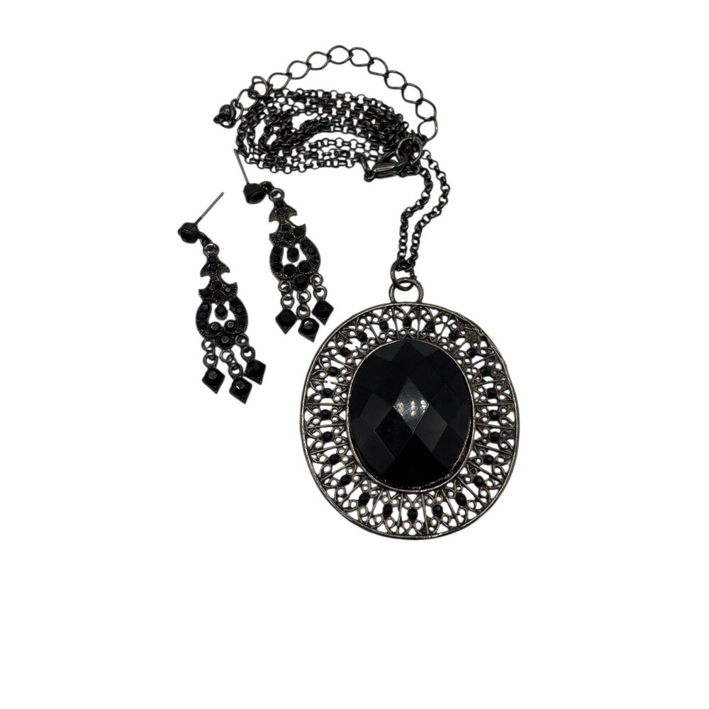 Whimsigoth Black Oval Pendant Necklace & Earrings Romantic Victorian Inspired